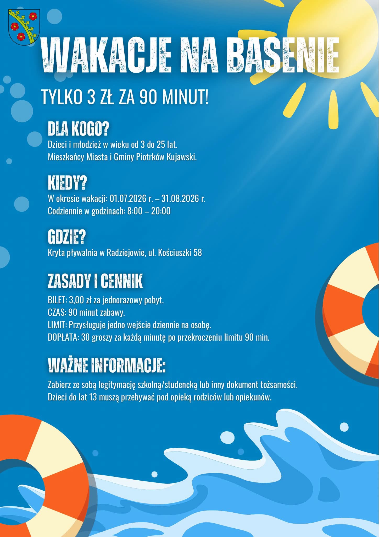 WAKACJE NA BASENIE - TYLKO 3 ZŁ ZA 90 MINUT!
